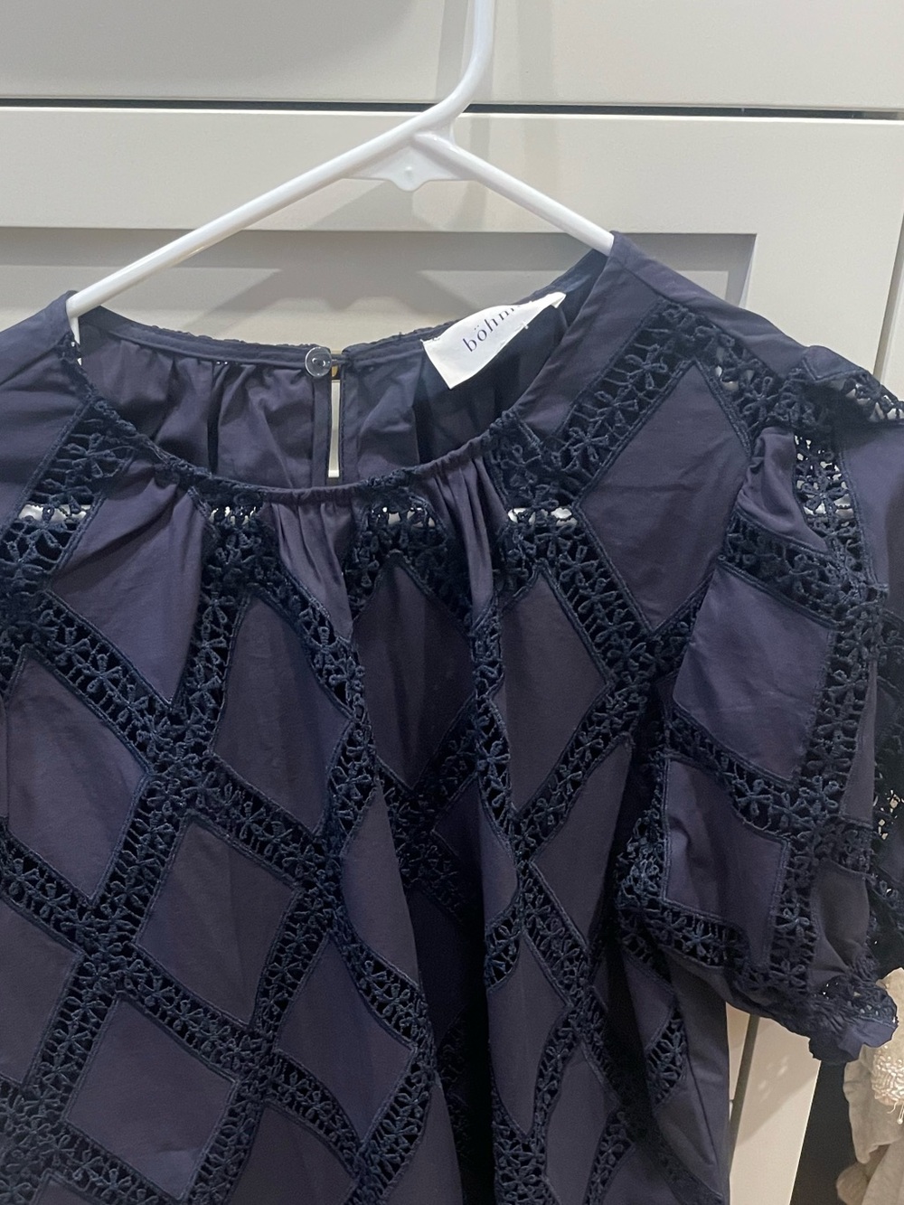 bohme Navy Crochet Lattice Puff Sleeve Blouse